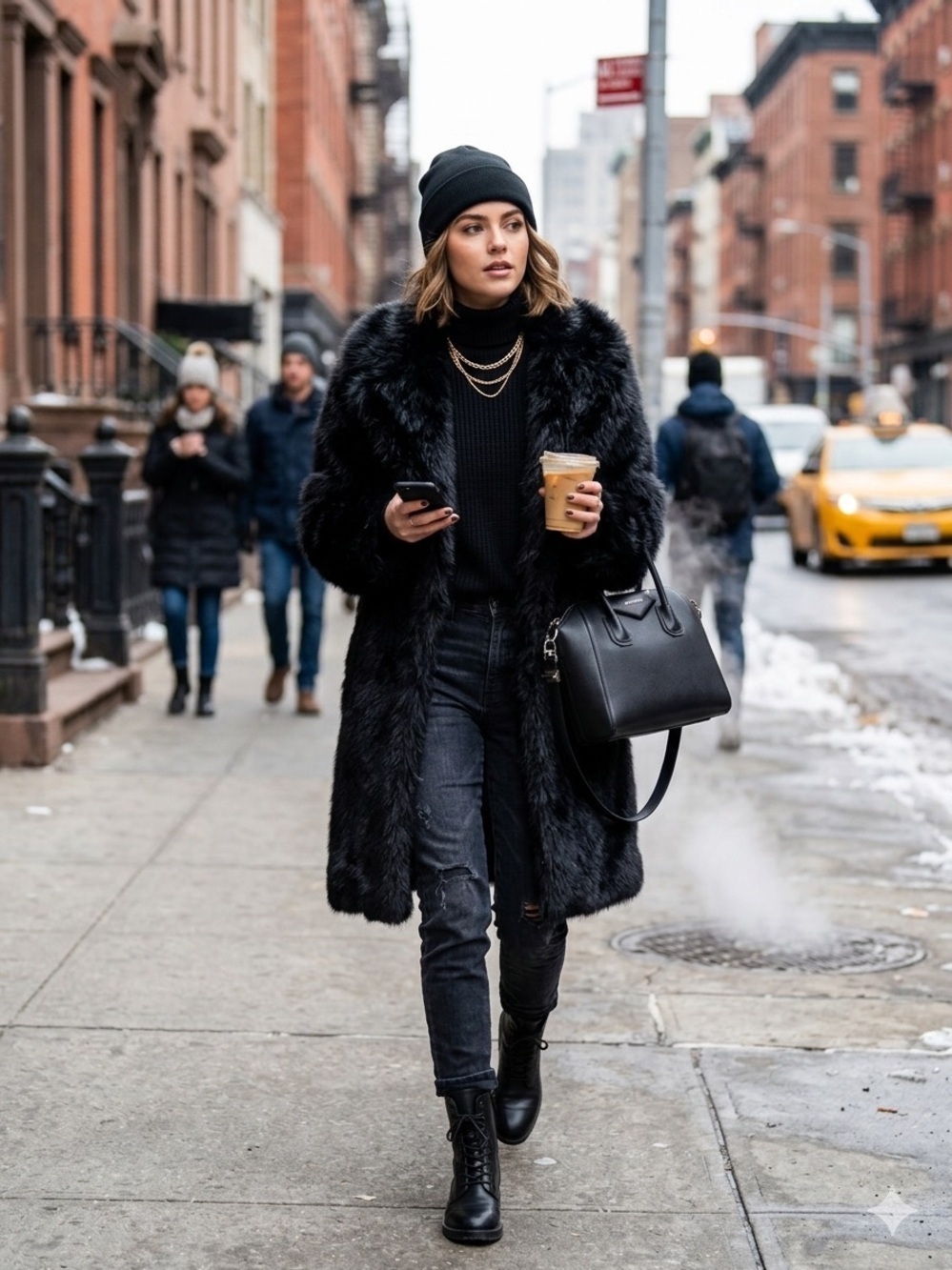 All-Black womenโs Faux Fur Coat size m/L